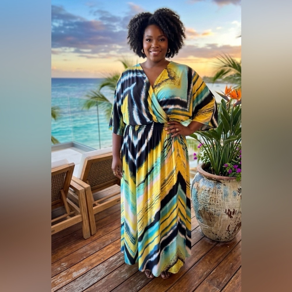 Ashley Stewart Yellow, Teal & Black Faux Wrap Maxi Dress - Size 26/28 - NWT